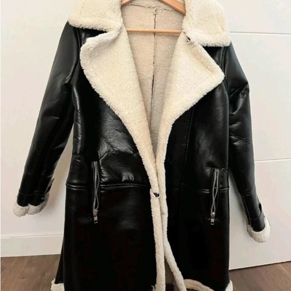 Women's Black and Cream Shearling Coat